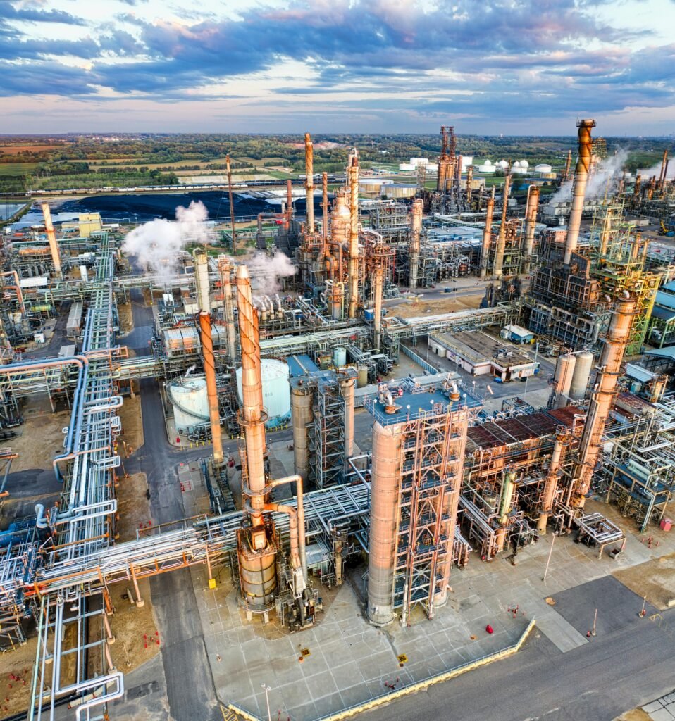 Home Stunning aerial shot of a large oil refinery in Rosemount, MN during sunset, showcasing industrial complexity.
